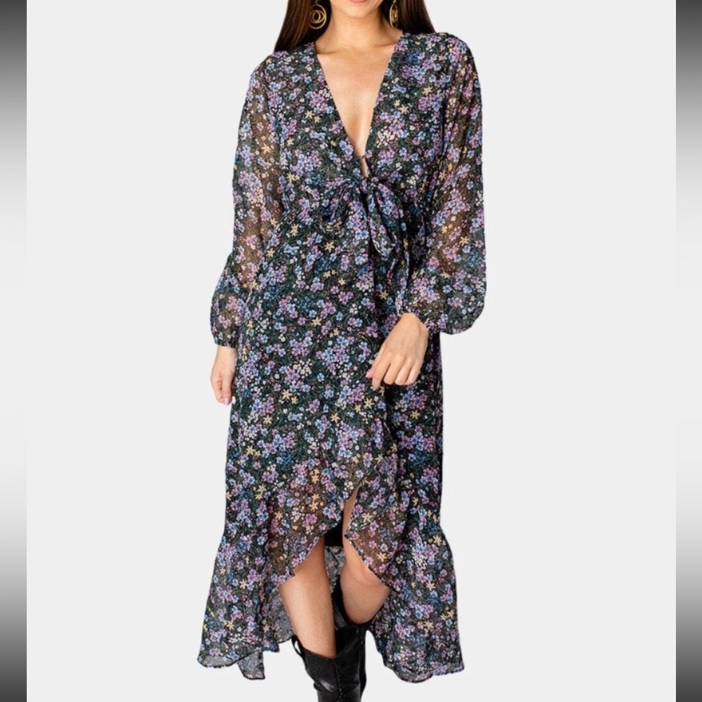 BUDDY LOVE Aisha High-Low Chiffon V-Neck Tie Ruffle Dress Size XS